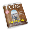 Titelbild des Sprachmagazins „ECOS“ mit dem Schwerpunkt „Granada“. Das Cover zeigt durch ein reich verziertes maurisches Tor einen Blick auf die Stadtlandschaft Granadas mit weißen Gebäuden und grünen Bäumen unter blauem Himmel. Textelemente: „Granada“, „Alhambra, Tapas und Rock ’n’ Roll: Wo der Zauber nie endet“, „Serie: Un rival para la superheroina“, „Entrevista: Isabel Ajaún y su ‘Potra salvaje’“, „¡Mejor con salsa! Nuestras recetas“.
