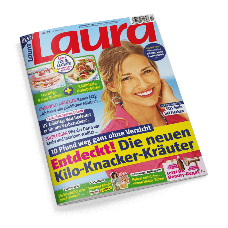 Titelbild der Frauenzeitschrift „Laura“, Ausgabe Mai 2025, mit einer lächelnden, blondhaarigen Frau im pinken Oberteil vor blauem Hintergrund; Schlagzeilen u. a.: „Entdeckt! Die neuen Kilo-Knacker-Kräuter“, „10 Pfund weg ganz ohne Verzicht“, „Laura Fix & Lecker“, „Raffinierte Urlaubsküche“, „US-Zollkriege – Was bedeutet es für uns Verbraucher?“, „SOS-Hilfe bei Flecken“, „Bin ich wirklich eine gute Freundin?“ sowie Hinweise auf Themen wie Super-Organe, Sommermode und Psycho-Tests.