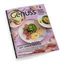 Titelbild des Magazins „Lust auf Genuss“ Nr. 4 mit violettem Hintergrund, zentral abgebildet ein Teller mit rosa Lammrücken, Blitz-Hollandaise, Erbsen und Kräutern; weitere Speisen am Rand: grüne Wildkräuterschaumsuppe mit Knusperei und Spargel-Erbsen-Terrine mit Hagebuttensauce. Text: „GENUSSVOLL FEIERN MIT LIEBEN GÄSTEN“, Themen u. a. „Brunch, Buffets & Menüs“, „Butter-Boards“, „Ostergebäck“. Webadresse unten: lust-auf-genuss.de.