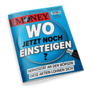 Titelbild des Magazins „FOCUS MONEY“ Nr. 5 mit dem Haupttitel „WO JETZT NOCH EINSTEIGEN?“ in großer weißer und schwarzer Schrift vor vergrößernder Lupe auf blauem Hintergrund mit Fragezeichen-Muster; Unterzeile: „Nervosität an den Börsen: Diese Aktien lohnen sich“, oben Schlagzeilen u. a. zu Autos, Neo-Brokern, Nachkaufstrategie, Ausgabedatum: 22. Januar 2025, Preisangabe und Barcode sichtbar.