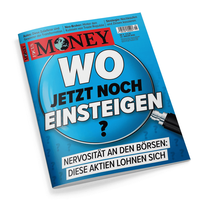 Titelbild des Magazins „FOCUS MONEY“ Nr. 5 mit dem Haupttitel „WO JETZT NOCH EINSTEIGEN?“ in großer weißer und schwarzer Schrift vor vergrößernder Lupe auf blauem Hintergrund mit Fragezeichen-Muster; Unterzeile: „Nervosität an den Börsen: Diese Aktien lohnen sich“, oben Schlagzeilen u. a. zu Autos, Neo-Brokern, Nachkaufstrategie, Ausgabedatum: 22. Januar 2025, Preisangabe und Barcode sichtbar.