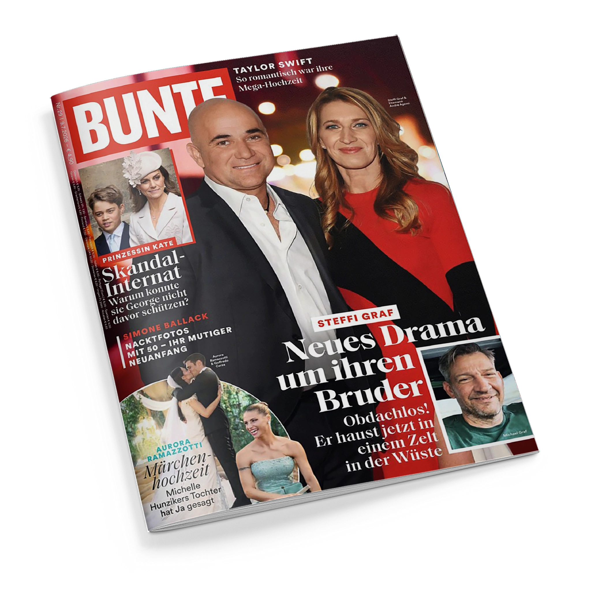 Titelblatt der Zeitschrift „BUNTE“ mit rotem Schriftzug oben links. Zentrale Abbildung: eine weibliche und eine männliche Person nebeneinander, vor dunklem Hintergrund mit Lichtern. Schlagzeilen u. a. „Steffi Graf – Neues Drama um ihren Bruder“, „Skandal-Internat“, „Taylor Swift“, „Aurora Ramazzotti Märchenhochzeit“ und „Simone Ballack – Nacktfotos mit 50“. Weitere kleinere Porträts und Textfelder in Weiß und Rot.