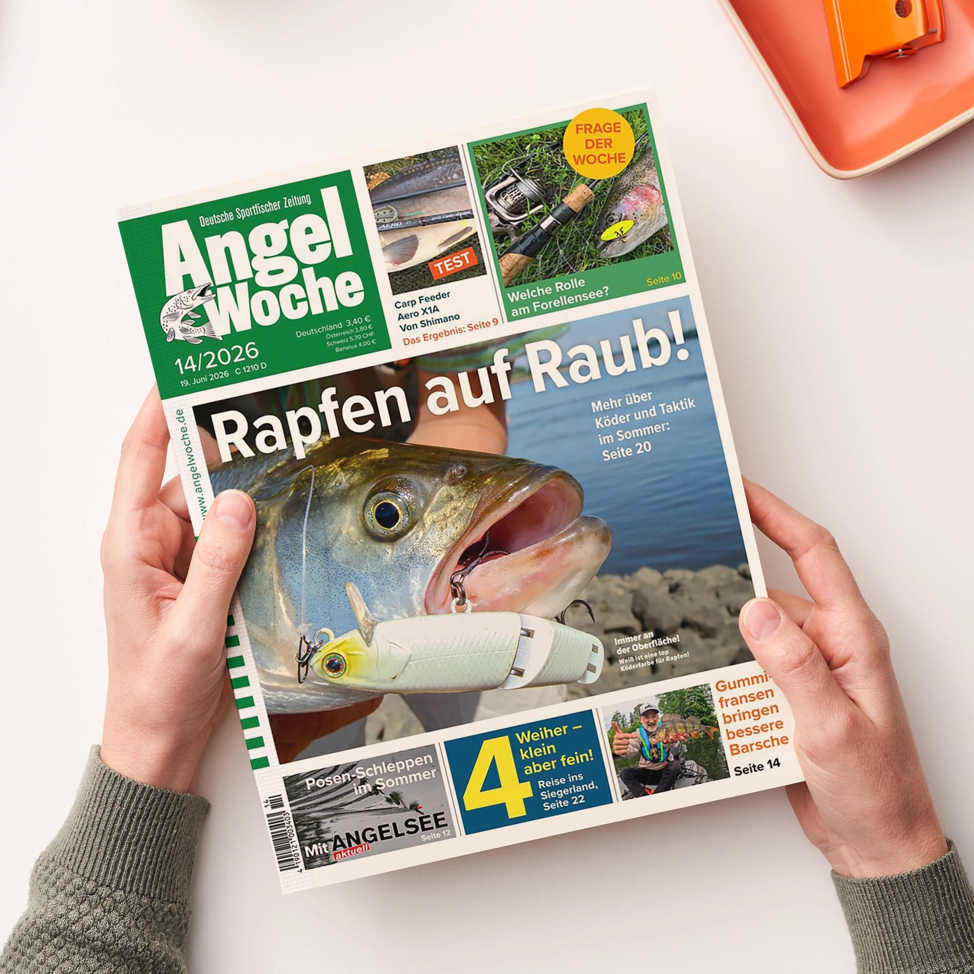 Titelblatt der Zeitschrift „AngelWoche“ mit grün-weißem Kopfbereich und großem Foto eines gefangenen Rapfens, der einen Kunstköder im Maul hat; Überschrift „Rapfen auf Raub!“ in weißer Schrift, kleinere Texte zu Themen wie Köder, Taktik, Posen-Schleppen und Forellensee; eine maskuline Person hält das Heft mit beiden Händen über hellem Untergrund.