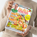 Person in beigefarbenem Pullover hält das Magazin „Iss dich GESUND – Besser leben mit Genuss“ mit dem Porträt eines Mannes mit Brille im oberen Bereich und einer großen Abbildung einer Gemüsepizza darunter. Sichtbare Schlagzeilen: „Die Super-Kraft der Ballaststoffe“, „Das beste Essen fürs Herz“, „Beerenszeit!“, „Ernährungs-Doc für zu Hause“ und „Adipositas – Wie Mario 43 Kilo abnahm und sein Gewicht bis heute hält“.