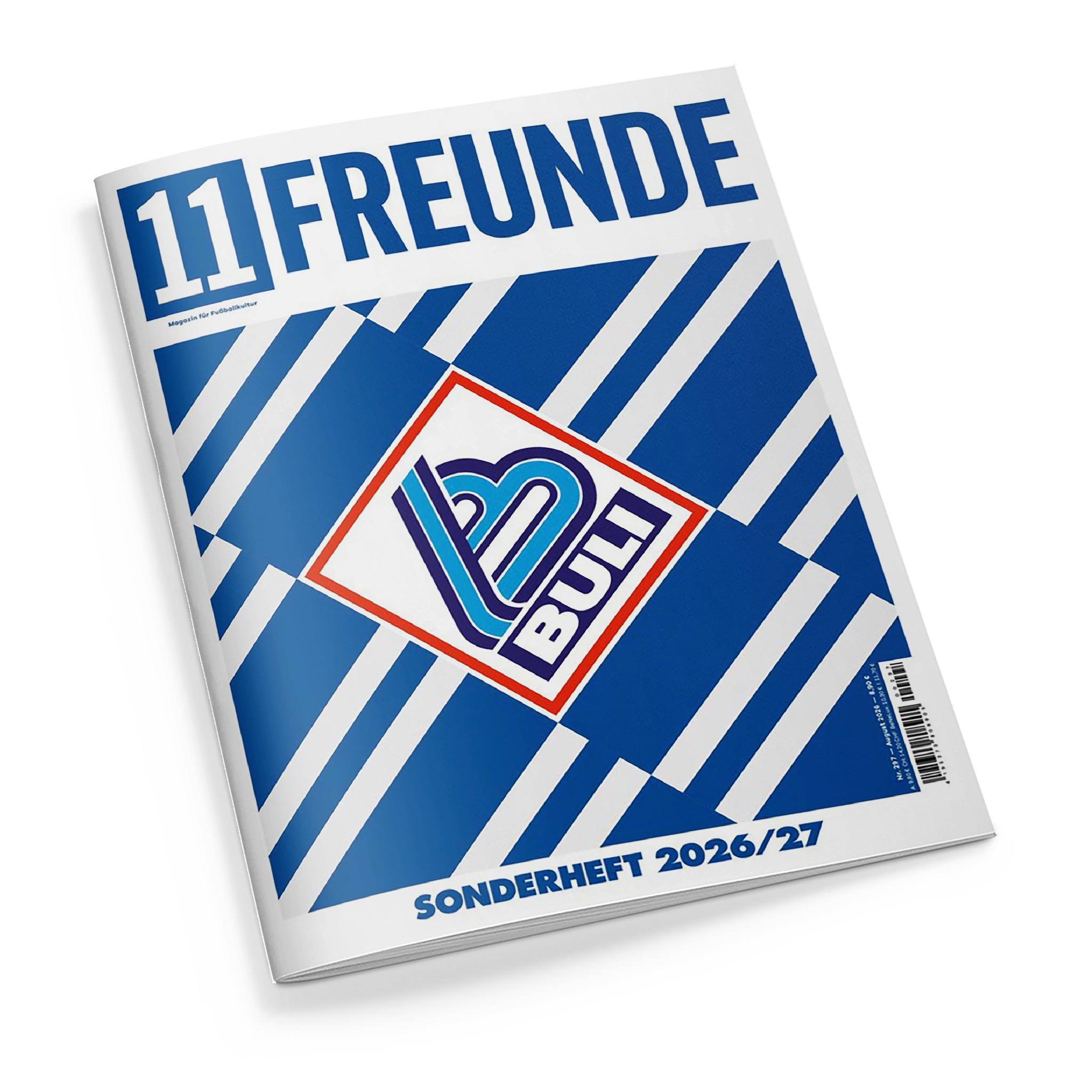 Schräg fotografiertes, geschlossenes Magazin mit weißem Umschlag vor schwarzem Hintergrund. Der Umschlag zeigt den blauen Titel „11 FREUNDE“, den Untertitel „Magazin für Fußballkultur“, ein blau-türkis-dunkelviolettes Emblem in einem rot umrandeten weißen Quadrat, ein blau-weißes geometrisches Streifenmuster sowie die Aufschrift „SONDERHEFT 2026/27“.