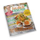 Titelbild des Magazins „Iss dich GESUND“ mit großem Schriftzug und Untertitel „Besser leben mit Genuss“, links oben ein Porträtfoto eines älteren Mannes mit Brille im roten Hemd, darunter der Hinweis „Das Magazin vom Ernährungs-Doc und TV-Arzt Dr. Matthias Riedl“, mittig ein Teller mit Vollkornbrot, pochierten Eiern, Fischfilet, Gemüse und frischen Kräutern, rechts ein gelber Kreis mit Text „Sodbrennen – Statt Tabletten: Lebensmittel, die die Magensäure in Schach halten“.