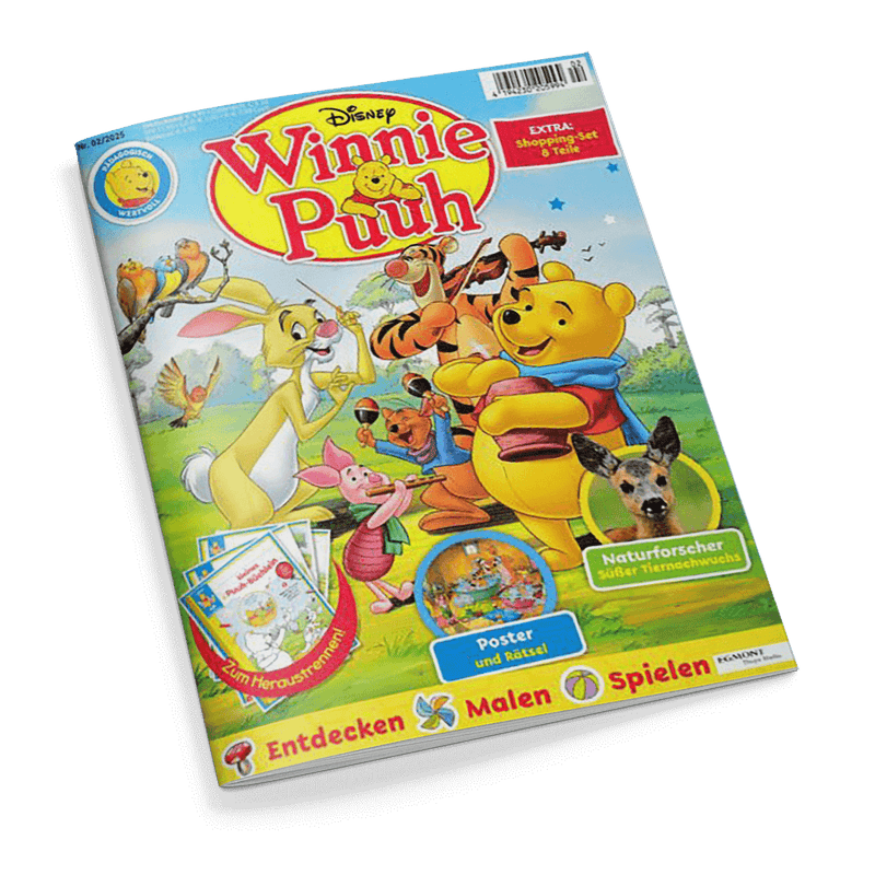 Titelbild eines bunt illustrierten Kinderhefts „Disney Winnie Puuh“ (Ausgabe 02/2025) mit zentraler Darstellung der Figuren Winnie Puuh, Ferkel, Tigger, Rabbit und I-Aah auf einer Wiese, ergänzt durch Textfelder wie „EXTRA: Shopping-Set 8 Teile“, „Naturforscher: süßer Tiernachwuchs“, „Poster und Rätsel“ sowie „Entdecken, Malen, Spielen“; unten links drei herausnehmbare Karten mit dem Hinweis „Zum Heraustrennen“.