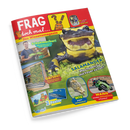 Titelblatt des Kindermagazins „Frag doch mal… Das Wissensmagazin“ mit rotem Kopfbereich, gelbem Logo mit gezeichneter Mausfigur und großem zentralen Foto eines schwarz-gelben Salamanders auf Gras. Umrandende Themenbilder zeigen einen Mann mit grünem Lederstück („Schuhmacher!“), ein begrüntes Haus („Gärten!“), einen Geparden und ein grünes Motorrad; Texthinweise zu Postern mit Barrakuda und Mausmotiv.