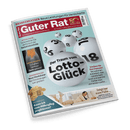 Titelbild der Zeitschrift „Guter Rat“, Ausgabe Nr. 6/2025, mit dem Haupttitel „Der Traum vom Lotto-Glück“ vor einem hellblauen Hintergrund und mehreren großen weißen Lotto-Kugeln mit schwarzen Zahlen, u. a. 18, 36 und 6; weitere Textinhalte: „Erhöhen Sie Ihre Chancen!“, „Superstar im Bauch – So halten Sie Ihren Darm gesund“, „Putzroboter im Test“, „Goldrausch – Kann ich vom Höhenflug profitieren?“, unten rechts eine Frau mit beigen Hosen und weißem Pullover auf einem Sofa.