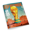Titelblatt des Magazins „11 FREUNDE“ mit orangefarbenem Schriftzug oben, hellblauer Himmel und Wüstenlandschaft mit Felsen und Kakteen. Eine übergroße goldene FIFA-Weltpokal-Trophäe steht zentral im Bild, mit kleinen Figuren in Sportkleidung an ihrem Sockel. Text links: „WM 2026 – Das Sonderheft zur Weltmeisterschaft in Mexiko, Kanada und den USA“.