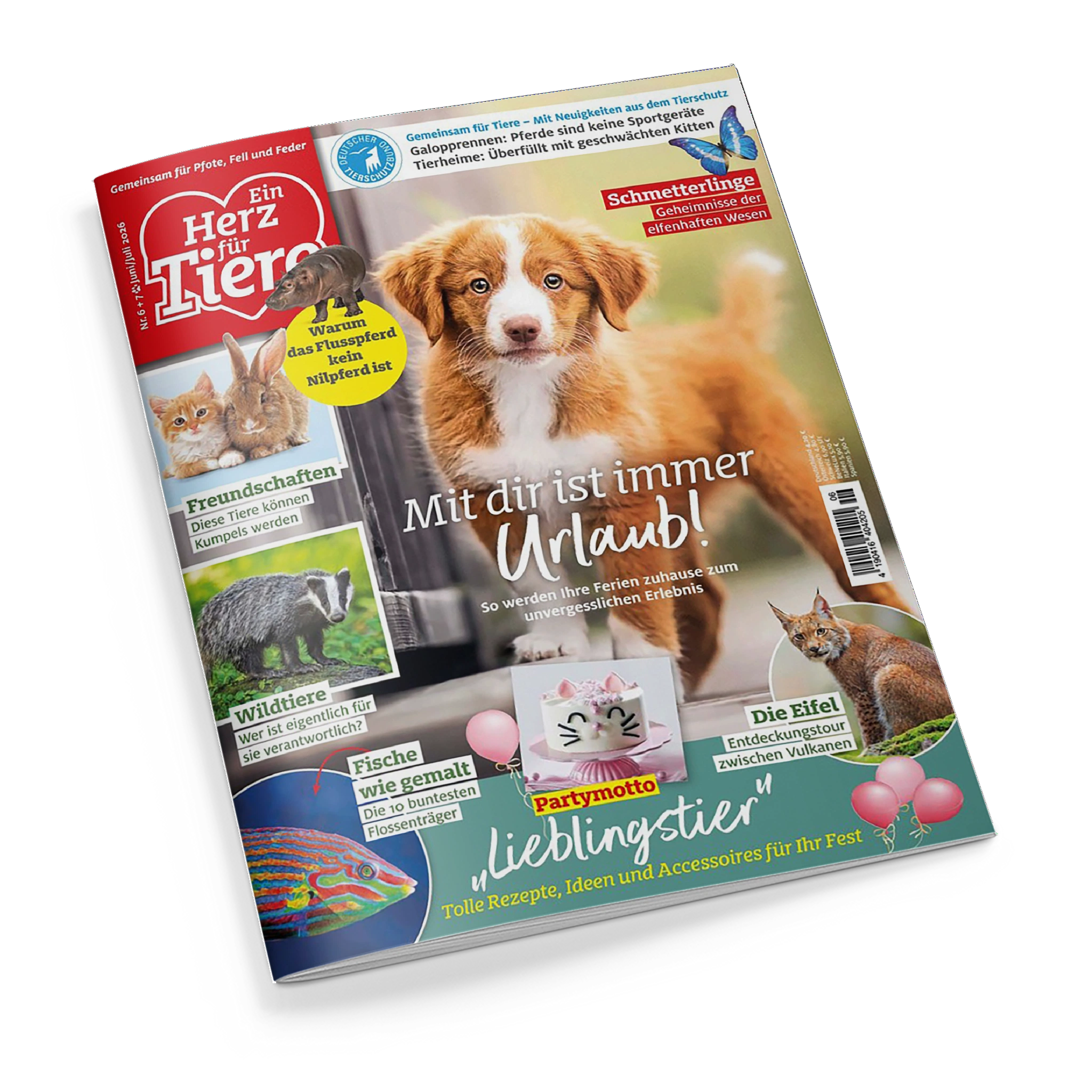 Titelbild der Zeitschrift „Ein Herz für Tiere“ mit einem braun-weißen Hundewelpen im Vordergrund auf unscharfem, grünlichem Hintergrund. Text: „Mit dir ist immer Urlaub! So werden Ihre Ferien zuhause zum unvergesslichen Erlebnis“. Weitere Texte: „Lieblingstier“, „Freundschaften“, „Wildtiere“, „Fische wie gemalt“, „Die Eifel“, „Schmetterlinge“, „Warum das Flusspferd kein Nilpferd ist“. Mehrere Tierfotos und eine Torte mit Katzenmotiv ergänzen das Cover.
