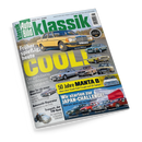 Titelblatt des Magazins „Auto Bild Klassik“ mit grün-weißem Logo und großem gelbem Schriftzug „COOL!“ über dem Foto eines gelben Mercedes 230 (W123). Darunter mehrere Klassiker wie Ford Granada, Opel Commodore, VW Passat, Audi 100 und BMW 528. Weitere Texte: „Früher spießig, heute COOL!“, „50 Jahre MANTA B“, sowie Hinweis auf eine Reportage zur „JAPAN-CHALLENGE“ mit Bildern japanischer Fahrzeuge.