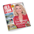 Titelblatt der TV‑Zeitschrift „BILD + FUNK“ mit einer lächelnden hellhaarigen Frau in roter Bluse vor weißem Hintergrund. Hauptüberschrift: „Neue Lieblingsrezepte – Herrlich würzig & leicht gemacht – Mit Hack“. Weitere Titelthemen: „Urlaub am Wasser – Die schönsten Seen in Deutschland + Österreich“, „Eine junge Mutter wird entführt“, „Was kleine Bären lernen müssen“. Oben Hinweis auf das Fernsehprogramm und Sonderausgabe „60 TV‑Sender extra groß“.