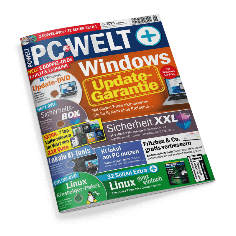 Titelblatt der Technikzeitschrift „PC-Welt Plus“, Ausgabe 6/2025, mit zentralem orangefarbenem Schriftfeld „Windows Update-Garantie“, daneben Symbole von Laptop und Update-DVD. Weitere Schlagzeilen: „Sicherheits-BOX“, „Sicherheit XXL“, „KI lokal am PC nutzen“, „Fritzbox & Co. gratis verbessern“, „Linux Einsteiger-Paket“ und „32 Seiten Extra“. Mehrere Produktabbildungen, PC-Symbole und farbige Infoboxen auf weißem Hintergrund.