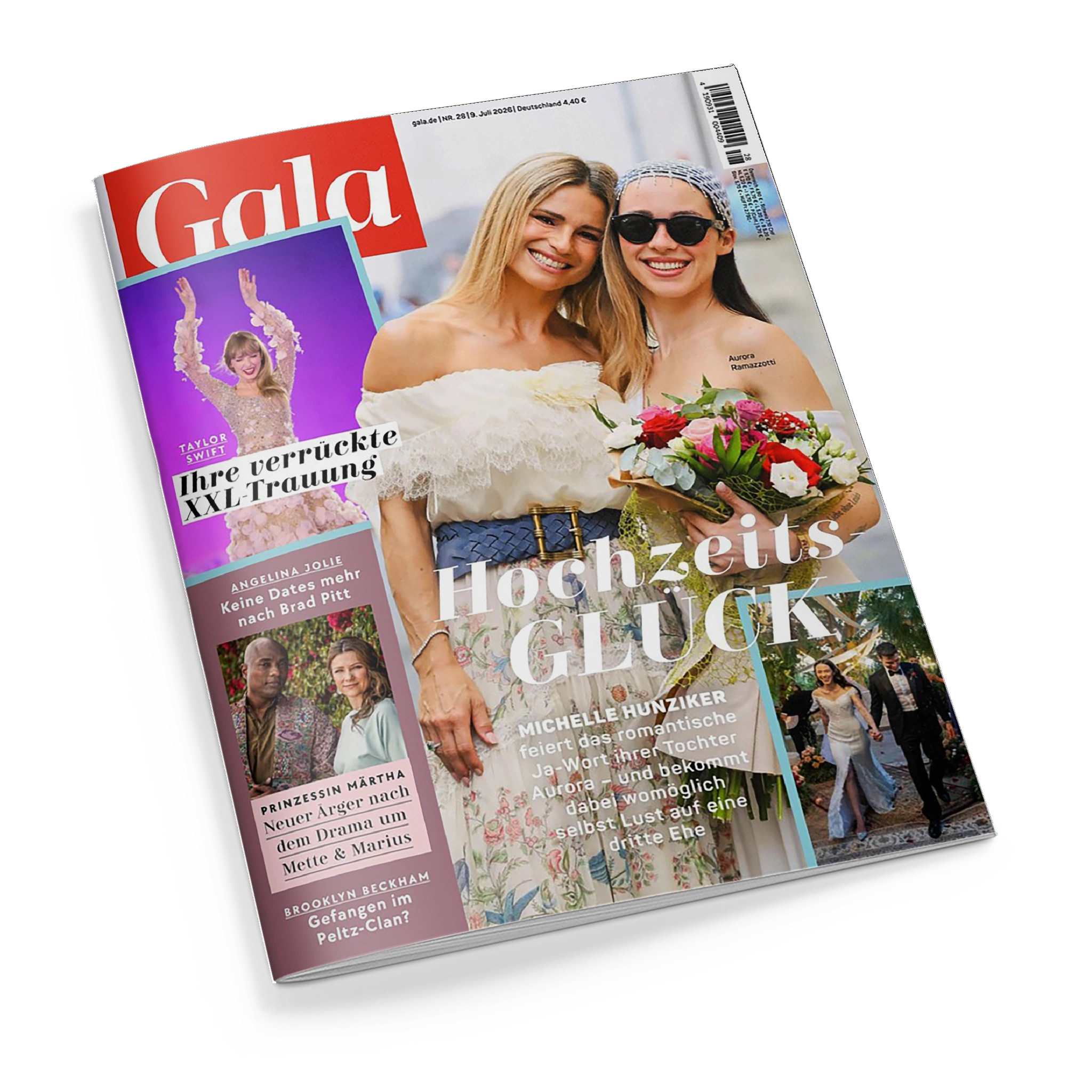 Titelblatt der Zeitschrift „Gala“ mit rotem Logo links oben. Im Mittelpunkt zwei lachende Frauen in hellen Sommerkleidern, eine hält einen Blumenstrauß. Hauptüberschrift: „Hochzeitsglück“. Weitere sichtbare Texte: „Michelle Hunziker feiert das romantische Ja-Wort ihrer Tochter Aurora“, „Taylor Swift – Ihre verrückte XXL-Trauung“, „Angelina Jolie – Keine Dates mehr nach Brad Pitt“, „Prinzessin Märtha – Neuer Ärger“ und „Brooklyn Beckham – Gefangen im Peltz-Clan?“.