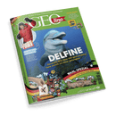 Titelbild der Zeitschrift „GEOlino“, Ausgabe Nr. 2/2025, mit grünem Rahmen, zentralem Bild eines Delfins unter Wasser und der Aufschrift „DELFIN – Gerettet! Wie über 100 gestrandete Tiere zurück ins Meer gelangten“. Links oben ein Foto des männlichen Checkers Tobi mit der Aufschrift „Checker Tobi – Arktis und Antarktis“, unten eine Illustration zum Thema Bundestagswahl mit Stimmzettel, Wahllokal und gezeichneten Personen, rechts unten UNICEF-Logo.