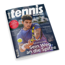 Titelseite des „tennis MAGAZIN“ (Ausgabe Juni 2025) mit einem männlichen Tennisspieler in violettem Shirt, der einen gelben Ball mit einem gelb-schwarzen Schläger trifft, vor unscharfem Hintergrund. Textaufschriften: „Carlos Alcaraz – Sein Weg an die Spitze“, „Jasmine Paolini – So lief ihr steiler Aufstieg“, „Tennisarm – Mit neuen Therapien den Schmerz besiegen“, „Nadal-Buch – So siegte er 14-mal in Roland Garros“ und „Plus: Großer Test – So gut sind die neuen Tennisschuhe“.