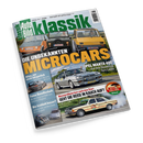 Titelblatt der Zeitschrift „Auto Bild Klassik“ mit dem Haupttitel „Die unbekannten Microcars“. Oberhalb drei Kleinwagen – orange, olivgrün und gelb – nebeneinander auf einer Straße. Darunter ein weißer Opel Manta 400 auf Asphalt, darüber Schriftzüge in Gelb und Weiß. Links Textkästen mit Themen wie Mercedes 190 Evo II, BMW Dauertest und Beetle-Vergleich, unten rechts ein gelbes Fahrzeug mit rotem Streifen und Rauchentwicklung.