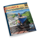 Titelbild des Magazins „Bauen & Renovieren“ zeigt zwei erwachsene Personen beim Montieren eines Solarpanels auf einem Hausdach vor grüner Hügellandschaft; zentrale Schlagzeilen: „Mit Photovoltaik: Klima schützen und Geld sparen“, „Sonnige Zeiten“, sowie Themen wie Sonnenschutz, Heiztechnik, Bodenbeläge, Dachschiebefenster und Wellness; im Heftteil „Outside“ mit 16 Seiten, QR-Code oben rechts, Logo und Domain „renovieren.de“.