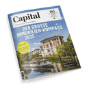 Titelbild der Zeitschrift „Capital“ Ausgabe 05 Mai 2025 mit dem Haupttitel „Der große Immobilien-Kompass 2025“ auf blauem Hintergrund, darunter eine Uferlandschaft mit Wasser, Baumreihe, weiß-rotem Ausflugsboot und historischer Villa; gelber Kreis mit Text „Trump-Crash – Aktien, Anleihen, Gold…“, weitere sichtbare Schlagzeilen u. a.: „Verteidigung – Eine neue Industrie entsteht“ und „Erfolgs-Start-up – Wie Flixbus die Welt erobert“.