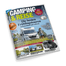 Titelbild der Zeitschrift „Camping & Reise“, Ausgabe Frühling 03-25, mit großem Foto eines weißen Wohnmobils auf einer Wiese, daneben zwei stehende Personen, eine weiblich wirkend mit langem Haar in Jeanskleidung; Titeltext „Die besten Frühlingstouren in Deutschland und weltweit“, weitere sichtbare Überschriften: „Magisches Trentino“, „30 Reiseziele“, „Feuer und Flamme“, „Camping-Tipp Lahn“, „Süddeutschland Markgräflerland“ sowie „Glamping in Kärnten“.