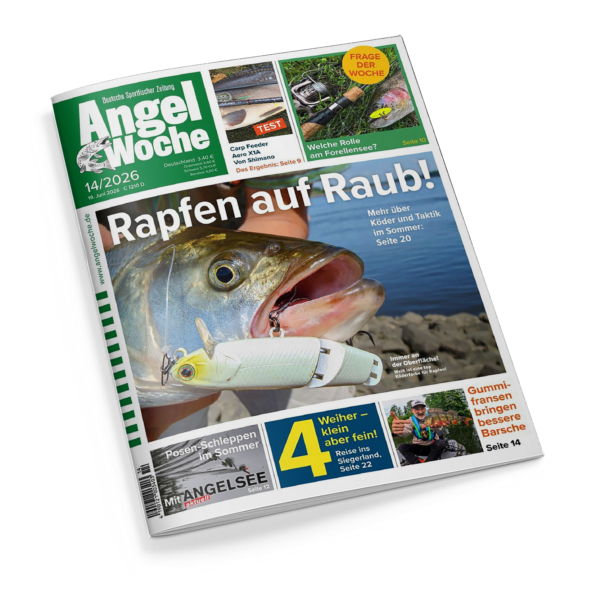 Titelblatt der Zeitschrift „AngelWoche“ Ausgabe 14/2026 mit großem Foto eines gefangenen Rapfens, der einen weißen Kunstköder im Maul hat, im Hintergrund Wasser und Steinufer. Überschrift „Rapfen auf Raub!“, Unterzeilen zu Ködern, Taktik und Angelsee. Weitere Textfelder: „Weiher – klein aber fein!“, „Gummifransen bringen bessere Barsche“, Werbung und Rubrik „Frage der Woche“.