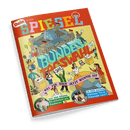 Titelbild der Kinder- und Jugendzeitschrift „Dein SPIEGEL“ mit rotem Rahmen und großer Illustration eines Wahlplatzes vor dem Reichstagsgebäude, ergänzt durch Wahlurnen, Plakate und Figuren mit Schildern wie „JA!“ und „NEIN“; zentrale Aufschrift in bunten Blockbuchstaben: „BUNDESTAGSWAHL“, darunter ein rosafarbenes Banner mit der Aufschrift „Was für euch jetzt wichtig ist“, sowie zwei kleinere Themenkreise: „So arbeitet ein Zauberer“ und „Können Tiere Freunde sein?“.