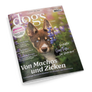 Titelbild der Zeitschrift „dogs“ (Ausgabe 3/2025, Mai/Juni) mit einem braun-weißen Husky-Welpen mit blauen Augen, umgeben von violetten und grünen Pflanzen. Textaufschriften: „SPEZIAL Tierarzt – Kosten, Stress & Notfälle“, „Von Machos und Zicken“, „Perfekter Garten für Vierbeiner“, „Raus ins Grüne“, „Pro & Contra Tierschutz im Ausland“, „Checkliste Europa“.