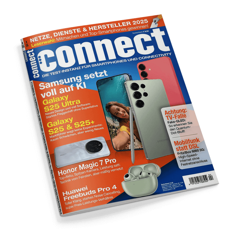 Titelbild der Technikzeitschrift „connect“ mit dem Untertitel „Die Test-Instanz für Smartphones und Connectivity“, zentrale Themen: Samsung Galaxy S25 Ultra, Galaxy S25 & S25+, Honor Magic 7 Pro und Huawei Freebuds Pro 4, abgebildet sind drei Smartphones in unterschiedlichen Farben, ein Selfie einer Frau auf einem Display sowie weiße In-Ear-Kopfhörer in grüner Ladehülle; orangener Hinweis auf Leserwahl, weiße und rote Infoboxen zu TV-Fallen und DSL-Alternativen.
