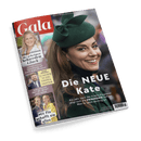 Titelbild der Zeitschrift „Gala“, im Vordergrund eine lächelnde Frau mit grünem Mantel und grünem Hut mit Schleifendetail, rechts daneben der Titel „Die NEUE Kate“ und der Text „Ein Jahr nach der Krebs-Diagnose zeigt sich die PRINZESSIN befreit. Was ihr jetzt wichtig ist“; linke Spalte zeigt Porträts und Überschriften zu Barbara Schöneberger, Brooke Shields, David Beckham, Jane Seymour, Sarah Connor und Florian Silbereisen.