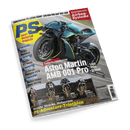 Titelbild der Motorradzeitschrift „PS sport motorrad magazin“, Ausgabe 1+2/2025, mit einem zentralen Farbfoto des Aston Martin AMB 001 Pro Motorrads in Schwarz-Türkis mit gelben Akzenten, dazu großflächige weiße Überschrift: „Aston Martin AMB 001 Pro – Laut, edel, schnell“. Oben roter Kasten „Marktübersicht Airbag-Systeme“, unten vier Motocross-Fahrer auf Ducati, KTM, BMW und Harley-Davidson. Weitere Rubriken: Technik, TunerGP, Reportage und Neuheiten.