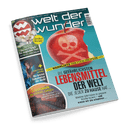 Titelbild der Zeitschrift „Welt der Wunder“ Ausgabe 11/24 mit türkisfarbenem Hintergrund, zentral ein roter Apfel mit Totenkopf- und Knochen-Symbol, umgeben von Schlagzeilen wie „Die gefährlichsten Lebensmittel der Welt“, „Warnliste der Food-Profiler“, links oben ein Eulenmotiv mit Text zur „Schule der magischen Tiere“, daneben eine schlafende Person mit Text zur „Geheimnissen der Nacht“, unten ein Bild einer Festung mit gelber Überschrift „7 Festungen, die Geschichte schrieben“.