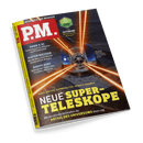 Titelbild der Zeitschrift „P.M.“ mit rotem Logo auf weißem Hintergrund links oben; zentrale Abbildung zeigt ein futuristisches Teleskop mit sechs intensiv orange leuchtenden Laserstrahlen, die vom Gerät ausgehen. Schlagzeilen lauten unter anderem: „NEUE SUPER-TELESKOPE“, „Wie die nächste Generation die RÄTSEL DES UNIVERSUMS lösen soll“, sowie Themen zu Bahn & KI, falschen Geständnissen, Fossilienmarkt und dem Futurium. Hintergrund dunkel, technisch gestaltet.