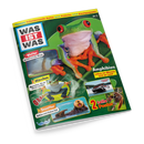 Titelbild eines Kinderwissensmagazins „WAS IST WAS“ mit grünem Hintergrund; im Zentrum ein roter Baumsteigerfrosch auf einem Blatt. Überschriften u. a.: „Amphibien – Leben im Wasser und an Land“, „Themen: Schwimmende Autos, Frösche, Kaulquappen“, „Wetter – Zerstörerische Winde“, „Märchen – Menschen, die zu Tieren werden“, „Seeotter – Schlau und dickes Fell“ sowie „2 tolle Poster“. Logos von „Blue Ocean“ rechts unten.