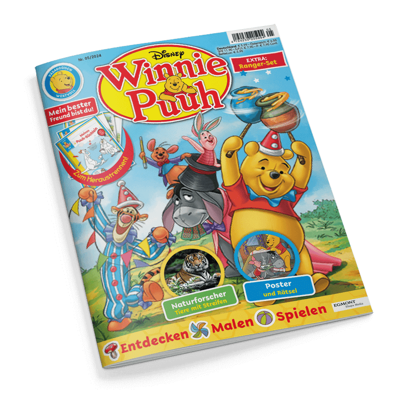 Titelbild der Kinderzeitschrift „Disney Winnie Puuh“ Ausgabe Nr. 05/2024 mit bunter Zeichnung von Winnie Puuh und seinen Freund*innen im Zirkuskostüm vor blauem Himmel, große gelbe Titelblase mit roter Schrift und kleinem Puuh-Gesicht oben mittig, rechts oben Textfeld „EXTRA: Ranger-Set“, unten Kreise mit Tigerfoto („Naturforscher – Tiere mit Streifen“) und Spielzeugmotiv („Poster und Rätsel“), entsprechender Hinweis auf Mitmachthemen „Entdecken, Malen, Spielen“ am unteren Rand.