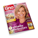 Titelbild der Zeitschrift „tina“, Ausgabe Nr. 5 vom 22. Januar 2025; zentrale Abbildung einer lächelnden, blondhaarigen, weiblichen Person mit lila Oberteil vor rosa Hintergrund; Textinhalte u. a.: „7 schlanke Winterstars“, „Blitzschnelle Rührkuchen“, „Amazon, Pay-TV, Facebook – Online-Abzocke – ohne uns!“, „Schlafen und Kraft tanken“, „Infekte sofort stoppen“, „Mit Parfüm die Liebe neu entfachen“, gelbes EXTRA-Segment unten rechts: „Mehr Platz in kleinen Räumen“.