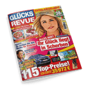 Titelbild der Zeitschrift „Glücks Revue“, Ausgabe Nr. 22, mit großem Porträt einer blonden Frau mit langen Haaren und auffälligen Ohrringen vor pinkem Hintergrund; Textausschnitte: „Ihr Glück liegt in Scherben“, „So senken Sie das Risiko für Diabetes“, „Das Drama um seine Tochter“, „LECKER! Die besten Rezepte zum Schlemmen“ sowie Gewinnspielhinweise mit Fotos von Auto, Elektronik und Reisezielen; runde grüne Grafik mit weißer Aufschrift „38x Ratespaß“.