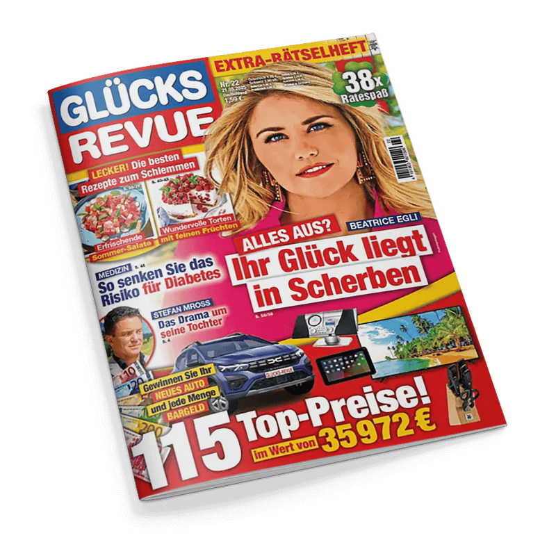 Titelbild der Zeitschrift „Glücks Revue“, Ausgabe Nr. 22, mit großem Porträt einer blonden Frau mit langen Haaren und auffälligen Ohrringen vor pinkem Hintergrund; Textausschnitte: „Ihr Glück liegt in Scherben“, „So senken Sie das Risiko für Diabetes“, „Das Drama um seine Tochter“, „LECKER! Die besten Rezepte zum Schlemmen“ sowie Gewinnspielhinweise mit Fotos von Auto, Elektronik und Reisezielen; runde grüne Grafik mit weißer Aufschrift „38x Ratespaß“.