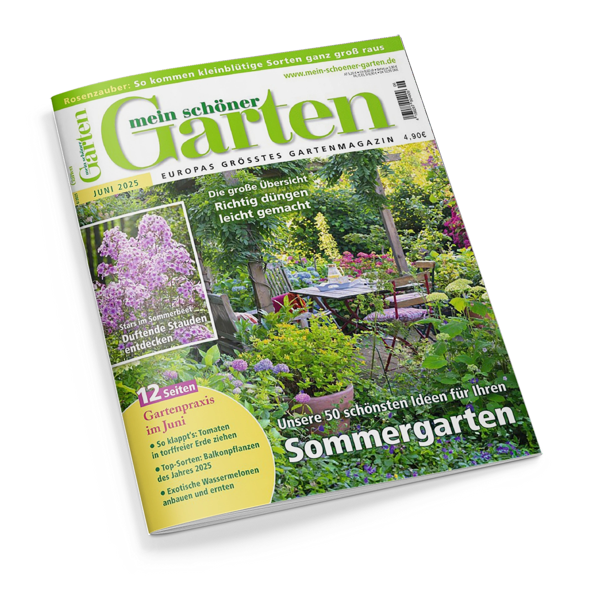Titelblatt des Gartenmagazins „Mein schöner Garten“ (Ausgabe Juni 2025) mit dem Schriftzug in Grün und Weiß vor einem Foto eines bunt bepflanzten Gartens mit Tisch, Stühlen und Blumenbeeten. Textelemente: „Die große Übersicht – Richtig düngen leicht gemacht“, „Unsere 50 schönsten Ideen für Ihren Sommergarten“, „12 Seiten Gartenpraxis im Juni“, „Duf­tende Stauden entdecken“.