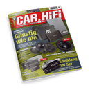 Titelblatt der Zeitschrift „CAR & HIFI“, Ausgabe 4/2025, mit rotem Schriftzug auf weißem Hintergrund. Abgebildet sind mehrere Auto-Verstärker, Lautsprecher, ein Subwoofer, ein schwarzer BMW mit „CAR&HIFI“-Kennzeichen sowie gelbe Textflächen mit Überschriften wie „Günstig wie nie“, „Lautsprecherparade“, „Subwoofer mit SPL Ambition“ und „Edelklang im 5er“, auf grün-grauem Hintergrund mit technischer Gestaltung.
