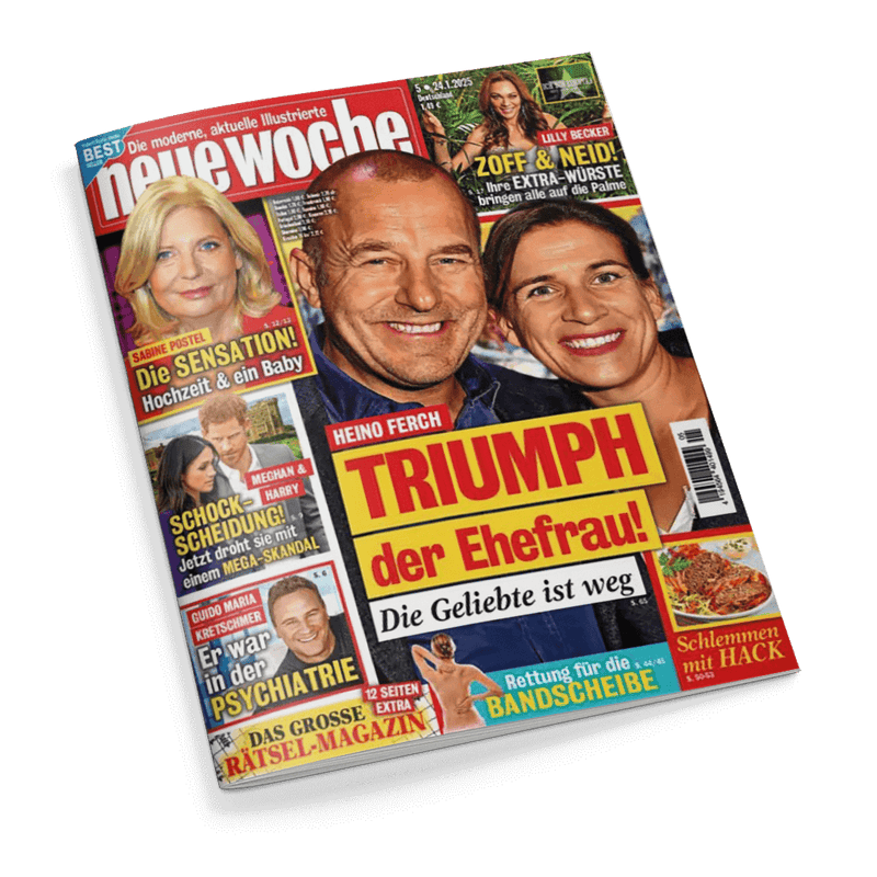 Titelbild der Illustrierten „neue woche“, Ausgabe Nr. 5 vom 24. Januar 2025, mit großflächigem Foto eines lächelnden Mannes und einer ebenfalls lächelnden Frau im Mittelpunkt; große Schlagzeile: „HEINO FERCH – TRIUMPH der Ehefrau! Die Geliebte ist weg“. Weitere sichtbare Titelthemen links: „Die SENSATION: Hochzeit & ein Baby“, „SCHOCK-SCHEIDUNG! Meghan & Harry“, „Er war in der PSYCHIATRIE“, unten rechts: „Schlemmen mit HACK“ und „Rettung für die BANDSHEIBE“.