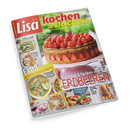 Titelbild der Kochzeitschrift „Lisa Kochen & Backen“, Ausgabe Mai/Juni 2025. Im Mittelpunkt steht eine Erdbeer-Schokotorte mit frischen Erdbeeren auf heller Platte, grüner Hintergrund mit Schriftzug „EINFACHE REZEPTE, DIE ALLE BEGEISTERN“. Textausschnitte: „Himmlisch backen mit Erdbeeren“, „Extra – 16 Seiten Spar-Rezepte“, „Jetzt grillen!“, „Preiswerte Gerichte“ sowie kleinere Food-Fotos von Spargel, Kuchen, Auflauf und Wraps.