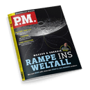 Titelbild der Zeitschrift „P.M.“ mit halbseitiger Nahaufnahme der Mondoberfläche vor schwarzem Hintergrund, darauf gestrichelte Linien und Pfeile; zentrale Überschrift: „Wasser & Energie – Rampe ins Weltall“, Unterzeile: „Wer zum MARS will, muss den SÜDPOL DES MONDES erobern“; weitere Themenlinks: „TELETEXT, UKW & CO. – Welches Potenzial hat alte Technik?“, „TIGERHAIE – P.M. taucht mit den bedrohten Räubern“, „TURBO-EVOLUTION – Wie in Großstädten neue Arten entstehen“.