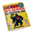 Titelbild des Magazins „FOCUS MONEY“ mit gelbem Hintergrund und zentraler Illustration eines muskulösen, schwarzen Adlers mit rotem Superhelden-Symbol auf der Brust; großflächige Schlagzeile in Rot und Schwarz: „80 % Gewinn mit Deutschland“, weitere Textelemente: „Die besten Aktien, ETFs, Fonds“, „Superstars und Geheimtipps“, „Goldsparpläne im Vergleich“, „Renditekick durch Früherkennung“, „Start der neuen Regierung“.