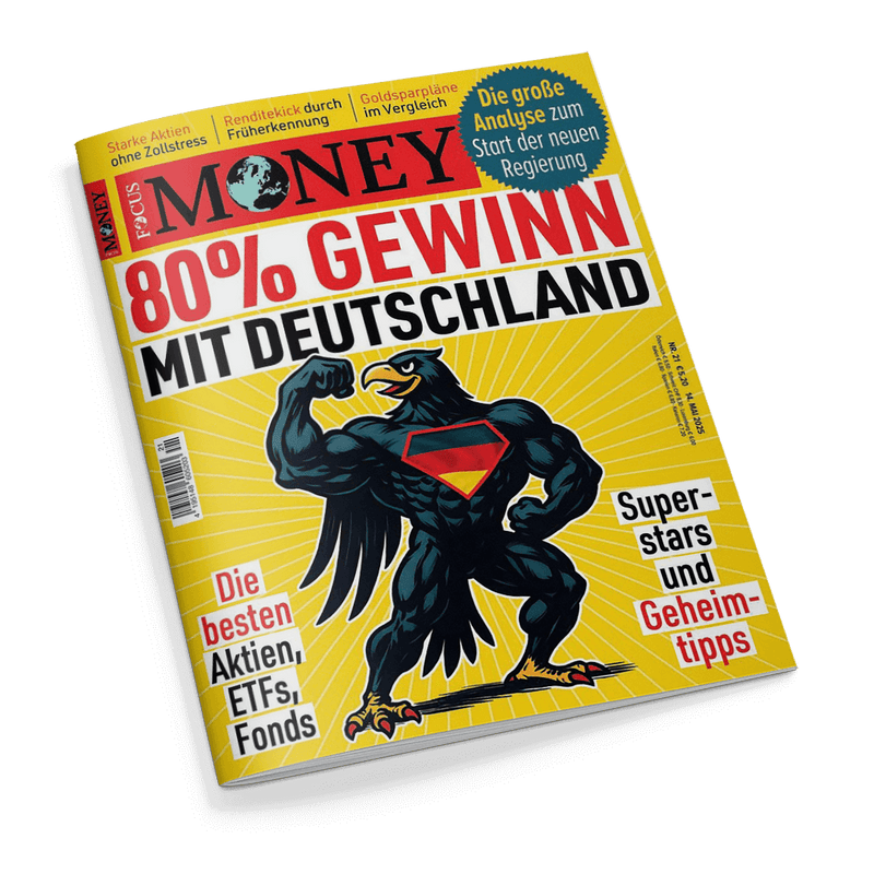 Titelbild des Magazins „FOCUS MONEY“ mit gelbem Hintergrund und zentraler Illustration eines muskulösen, schwarzen Adlers mit rotem Superhelden-Symbol auf der Brust; großflächige Schlagzeile in Rot und Schwarz: „80 % Gewinn mit Deutschland“, weitere Textelemente: „Die besten Aktien, ETFs, Fonds“, „Superstars und Geheimtipps“, „Goldsparpläne im Vergleich“, „Renditekick durch Früherkennung“, „Start der neuen Regierung“.