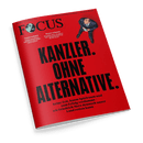 Titelbild der Zeitschrift „FOCUS“  mit rotem Hintergrund, zentralem schwarzen Blocktitel „KANZLER. OHNE ALTERNATIVE.“ und Unterzeile „Keine Zeit, kaum Spielraum und zum Erfolg verdammt – wie Friedrich Merz dennoch unser Land retten kann“, oben rechts eine männliche Person im blauen Anzug mit Hemd und roter Krawatte aus der Vogelperspektive.