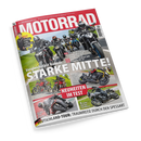 Titelblatt der Zeitschrift „MOTORRAD“ mit rotem Kopfbereich und weißem Schriftzug. Im Zentrum fünf Motorradfahrende in schwarzer Schutzkleidung auf einer Landstraße, umgeben von kleineren Bildern verschiedener Motorräder in Kurvenfahrt. Überschriften: „Vergleichstest Nakeds – STARKE MITTE!“, „NEUHEITEN IM TEST“, „DEUTSCHLAND-TOUR: TRAUMREISE DURCH DEN SPESSART“. Weitere sichtbare Texte nennen Modelle und Testergebnisse.