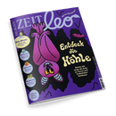 Titelbild der Kinderzeitschrift „ZEIT Leo“ mit lilafarbenem Hintergrund, im Zentrum eine große pinke Zeichentrick-Fledermaus mit gelben Augen, kopfüber hängend vor schwarzer Höhlenwand; gelbe Schrift: „Entdeck die Höhle“, kleinere weiße Schrift: „Komm mit unter die Erde zu Tieren und funkelnden Schätzen“; seitlich runde Teaser mit Themen wie „Halloween“, „Waldklasse“ und „Weltretten“ sowie Foto von Eric Mayer.