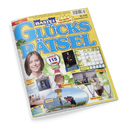 Gelbes Magazin-Cover mit blau-gelbem Titel „BASTEI Glücks Rätsel“ und dem Untertitel „Der große Freizeitspaß“. Links eine lächelnde Frau mit schulterlangem braunem Haar, daneben Bilder von Preisen wie einer Armbanduhr, einem Entsafter, Gläser-Sets, DVDs und einem Wanderer unter dem Schriftzug „Urlaub“. Sichtbare Textelemente: „GARANTIE 115 Gewinne“, „Romane und Hörspiele“, „Schwestern in Krakau“, „Mai/Juni“.