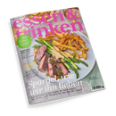 Titelblatt der Zeitschrift „essen & trinken“ in pinker Schrift auf hellgrauem Hintergrund mit Fotografie eines Tellers mit gebratenem Fleisch, grünem und weißem Spargel, Pommes frites und heller Soße. Aufschriften u. a.: „Süße Sachen – von Cupcake bis Schoko-Torte“, „Schnell und gut – Frühlingsfrische Alltagsküche“, „Spargel, wie wir ihn lieben“ sowie Themenhinweise zu Rezepten und Reisezielen.